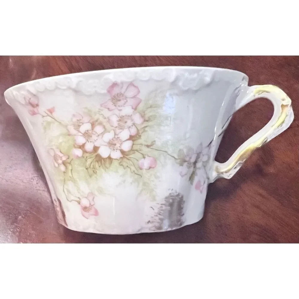 Porcelain Haviland Limoges France tea cup saucer pink green floral gold accent